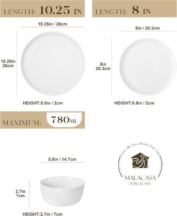 Набір посуду MALACASA LEXI 18 предметів: тарілки та миски, порцеляна, для 6 осіб, білий, сумісний з мийною машиною та мікрохвильовкою