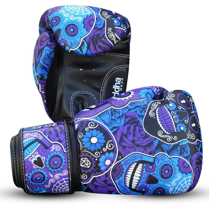 Buddha Fight Wear Luzbel Boxing Gloves - Muay Thai & Kickboxing - Premium PU Leather - Odor Resistant - Reinforced Stitching - Various Designs (16oz, Purple)
