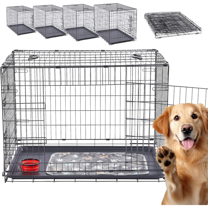 Клітка для собак Arebos 77,5 x 53 x 59 см | Транспортна переноска для собак, складана | Чорна клітка для собак | Клітка для собак з 2 дверцятами