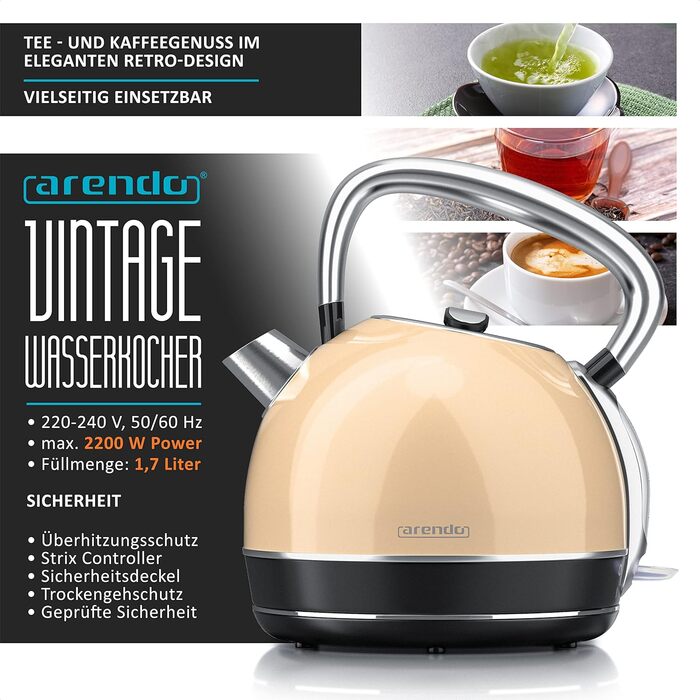 Arendo Retro Stainless Steel Kettle - Vintage Style Electric Kettle with Replaceable Scale Filter, 1.7L Capacity, Auto Shut-Off, Cool Grey