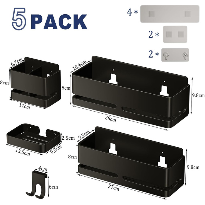 Набір полиць для ванної кімнати (5 шт.) з мильничкою та тримачем для зубних щіток, без свердління, для ванної та кухні (Сірий/Чорний)