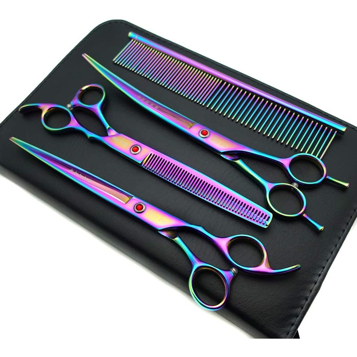 Набір професійних ножиць для грумінгу Kingstar A563, титанове покриття, прямі та вигнуті ножиці, гребінець, догляд за собаками, 20.3 см (8 дюймів), райдужний колір, 3-частинний набір