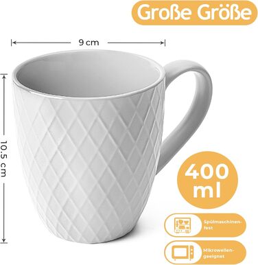 MIAMI – 6 x 400 ml – Coffee Cup Set/Mug – Modern Matte Ceramic Cup – Large Coffee Cup – Palmanova Collection (White)