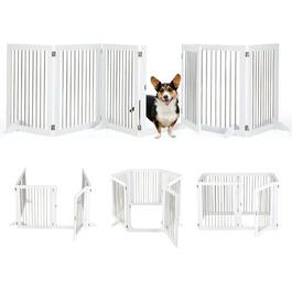 Захисне ґратка для собак COSTWAY, 6-секційне, з дверцятами, 80 см, з нержавіючої сталі та дерева, для каміну/сходи, біле