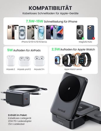 Зарядний станція Lamicall 3-в-1 для MagSafe: iPhone, Apple Watch, AirPods. Складана, портативна, бездротова. Сумісна з iPhone 17/16/15/14 Pro Max Plus Air.