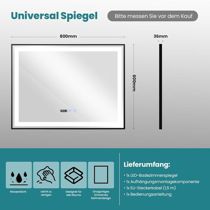 Дзеркало для ванної кімнати YU YUSING 60x80 см з підсвічуванням, проти запотівання, 3 кольори світла, регулювання яскравості, LED, годинник, IP44, металевий каркас, вертикальне, срібне
