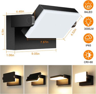 LED-водостійкий настінний світильник Kingwen 40W, 3000K, поворотний на 360°, IP65, чорний. Підходить для гаража, тераси, внутрішнього та зовнішнього використання.