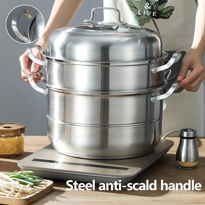 Пароварка SABUIDDS 32 см з 5 ярусами, з нержавіючої сталі, з кришкою з термостійкого скла, для всіх типів плит (індукція), для приготування кускусу та інших страв