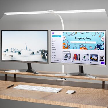 LED лампа настільна для офісу та дому, світло для монітора, 1400 люмен, регульована яскравість, кріплення-прищіпка, світло для робочого столу, гнусий «лебединий шия», подвійний насадка, 5 режимів кольору та рівнів яскравості, білий колір, 80 см