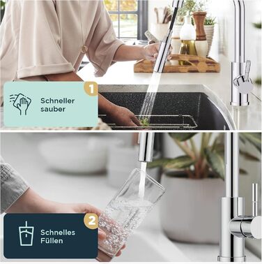 Змішувач кухонний FORIOUS чорного кольору з високим виливом та висувною лійкою, поворотний на 360°, полірований хром