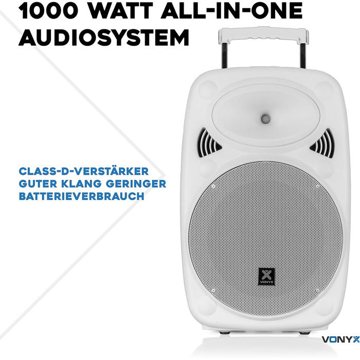 Vonyx Verve46 - портативна акустична система для вечірок з Bluetooth, 1000W, 2 мікрофони UHF, MP3, вбудований акумулятор, пульт ДУ - чорний