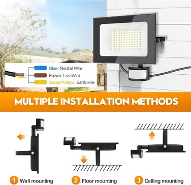 papasbox 2-Piece 100W LED Floodlights with Motion Sensor and Light Sensor | Outdoor Floodlights/Spotlights with Remote Control | 6500K Cold White IP66 Waterproof Floodlight for Garden, Garage, Sports Field