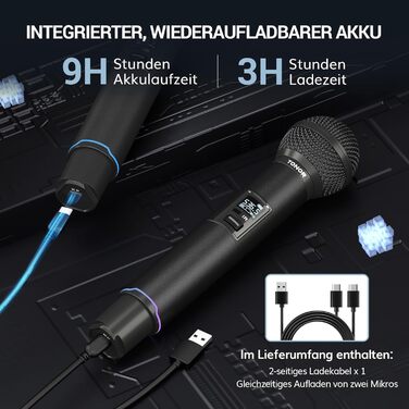 TONOR TW750 Бездротовий мікрофон UHF з регулюванням, 2 шт., 100м радіус дії, світлодіодний індикатор, автосканування, для караоке, церкви, вечірок