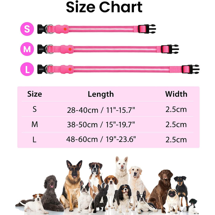 Світлодіодна нашийник для собак ASBRILL, зарядний, 7 кольорів RGB, 8 світлодіодів, регульований, водонепроникний, для маленьких, середніх та великих собак, (L, рожевий)