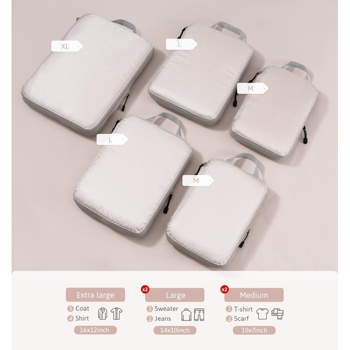 Набір кубиків-органайзерів для валізи Meowoo (5шт) - кубики-компресори для подорожей (XL, L, 2xM)