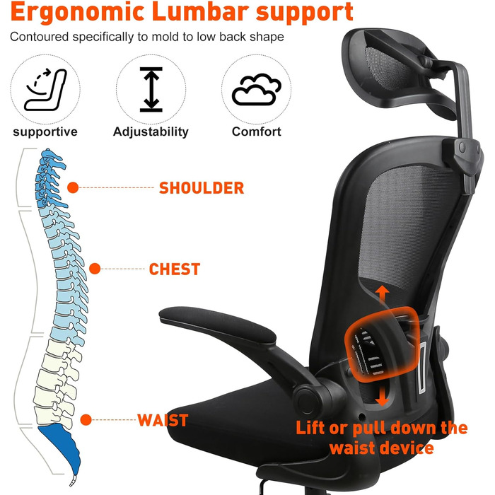 Ергономічне крісло для офісу HANGHAIGO, чорне, з підголівником, підлокітниками та підтримкою попереку, регулювання висоти, функція гойдання 90°-120°, максимальне навантаження 150 кг