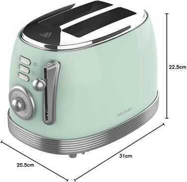 Тостер Cecotec Toast&Taste 800 Vintage Green, 850 Вт, 2 слоти, зелений, нержавіюча сталь, 3 функції