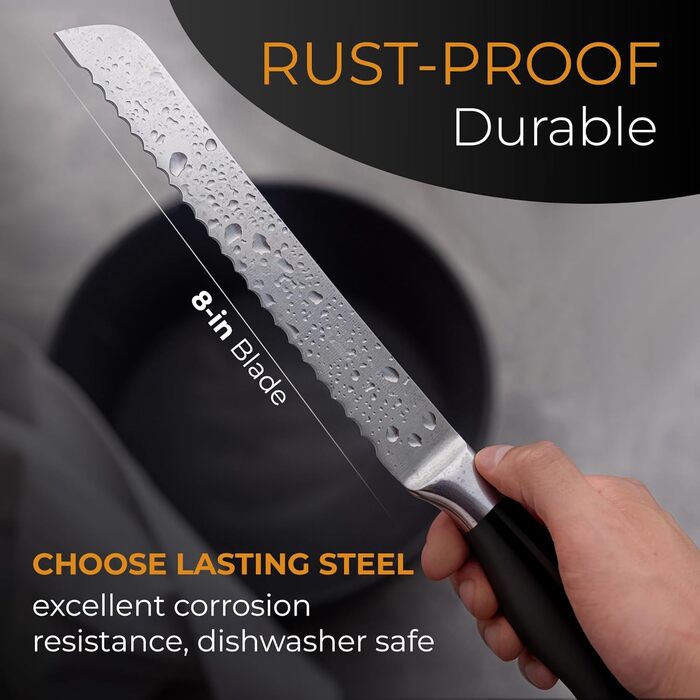 Ніж для хліба Orblue з нержавіючої сталі з хвилястим лезом - професійний кухонний ніж, ідеальний для хліба, багелів та випічки, чорний