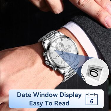 MEGALITH Чоловічий годинник з нержавіючої сталі, Хронограф, Водостійкий, Аналоговий годинник для чоловіків, Бізнес-дизайн, Календар, Світіння (B-silver)