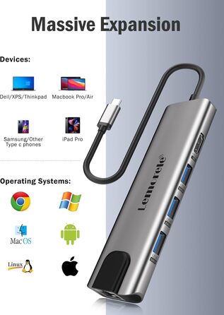 Lemorele Док-станція USB C хаб 9-в-1 з Ethernet: 2xHDMI 4K, 3xUSB 3.0/2.0, VGA, PD 100W, SD/TF, для Windows, MacBook, Dell, HP, Lenovo, Surface