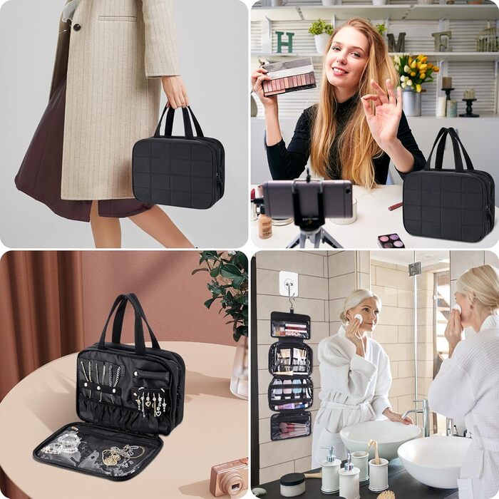 Сумка-органайзер для косметики та аксесуарів для жінок з гачком, чорна. Водонепроникна дорожня сумочка з кількома відділеннями