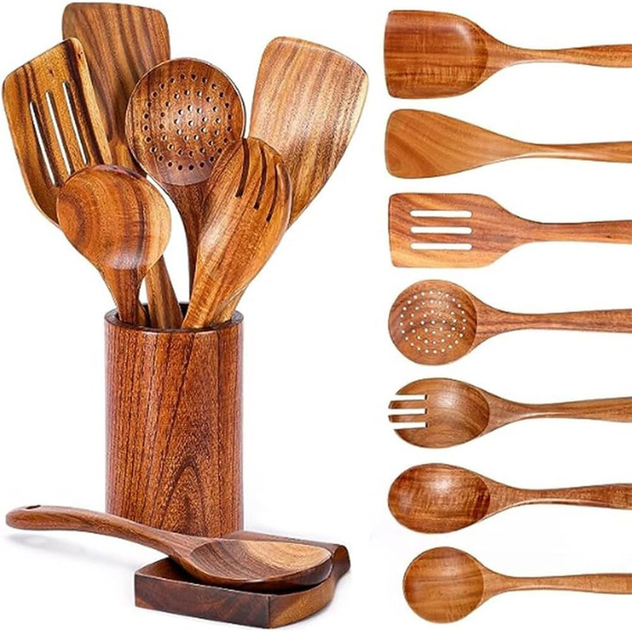 Набір дерев'яних ложок для приготування їжі (9 шт.) з підставкою - дерев'яні лопатки, ложки, половники