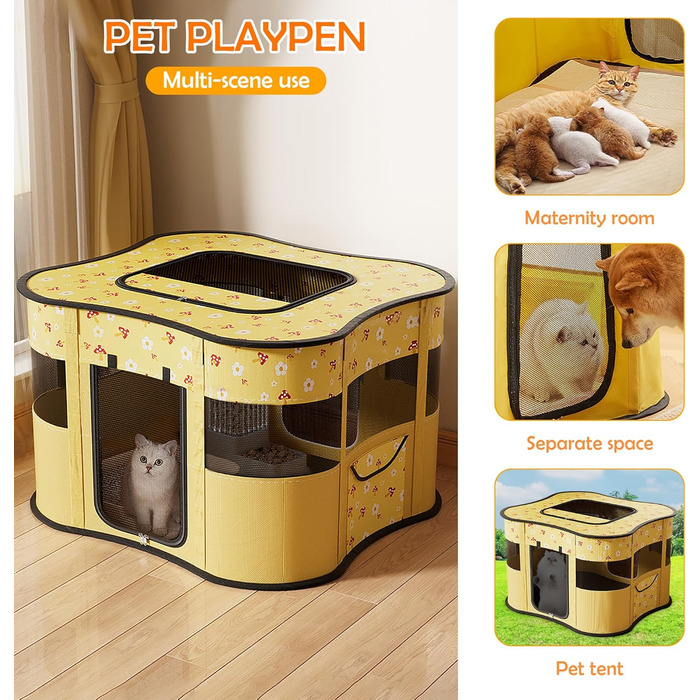 Транспортувальна переноска для собак та котів ASOPETS – розкладний вольєр з боковою кишенею (зелений, жовтий)