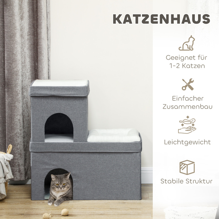 PawHut Будиночок для котів, котяча хатка, будиночок для котів з 3 рівнями, котяче ліжко з подушкою, будиночок для собак для котів до 5 кг, 74 x 37,5 x 78,5 см, Сірий | Aosom