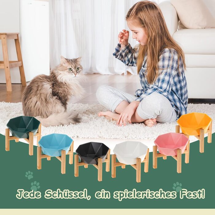 Керамічна годівниця для котів та собак на підставці, нахилена, зелена