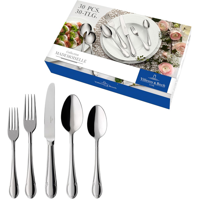 Villeroy & Boch – Mademoiselle Tableware Set, 30 Pieces, 6 Place Settings, Dishwasher Safe, Stainless Steel, Cutlery Set, Cutlery Set, Dinner Cutlery Set, Knife Fork Spoon Set, Cutlery Set, Stainless Steel 30-Piece Elegant & Classic