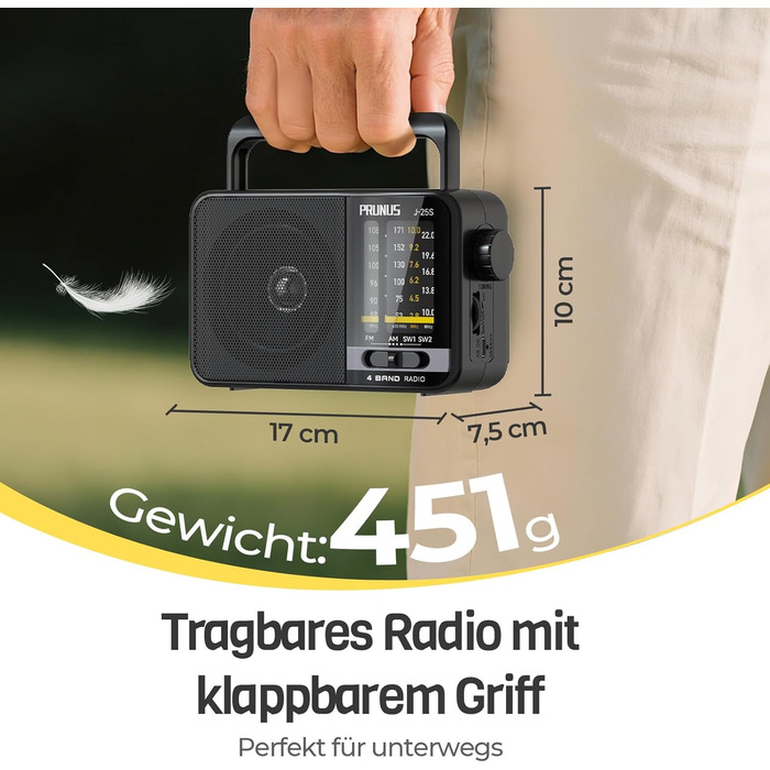 Радіоприймач PRUNUS J-25S FM/AM/SW: Портативне радіо на сонячній батареї з акумулятором 1800mAh, великий динамік, чудовий прийом, просте радіо для літніх людей
