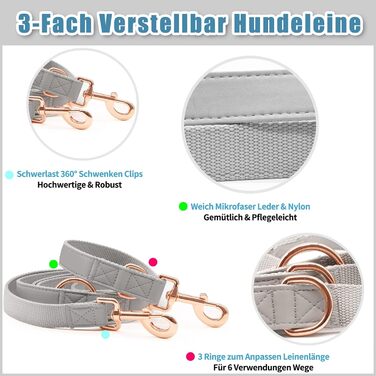 Набір собачий: повід та нашийник з м'якої шкіри (2м) - регульований повід, стильна рожева металева застібка та нейлонові повідки для цуценят, собак маленьких, середніх та великих порід, сірий колір, S (обхват шиї 31-43 см, ширина 2 см), сірий