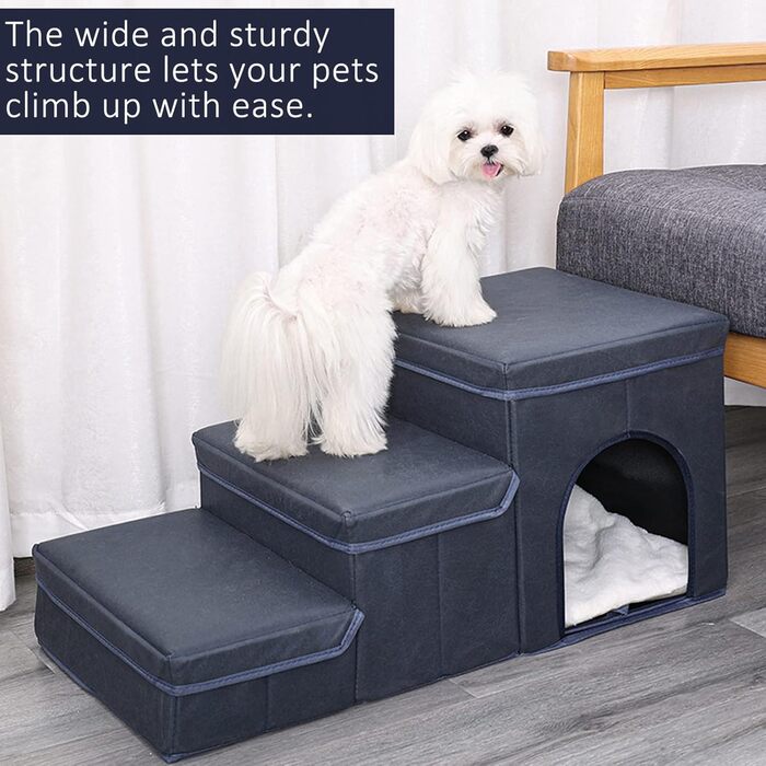 3-Step Dog Stairs, Foldable Pet Stairs for Sofa & Bed, Removable Pet Stairs Folding with Storage Box, Multifunctional Pet Ladder for Small Dogs Cats (Gray)