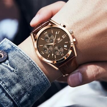 Чоловічий годинник OLEVS Vintage з шкіряним ремінцем, великий циферблат, водонепроникний, аналоговий годинник з датою, коричневий циферблат/коричневий ремінець