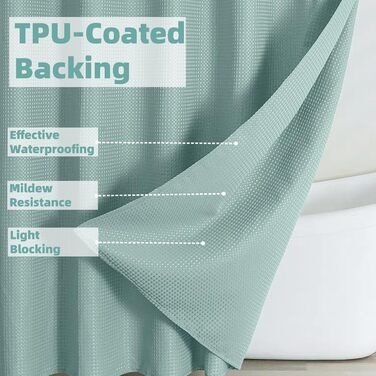 Завіса для душу з тканини вафельного плетіння FY&XZH з гачками, важка, водонепроникна, з покриттям TPU, стиль готелю з сітчастим віконцем, 2 гачки, стійкі до корозії (Зелений, 83 x 83 см)