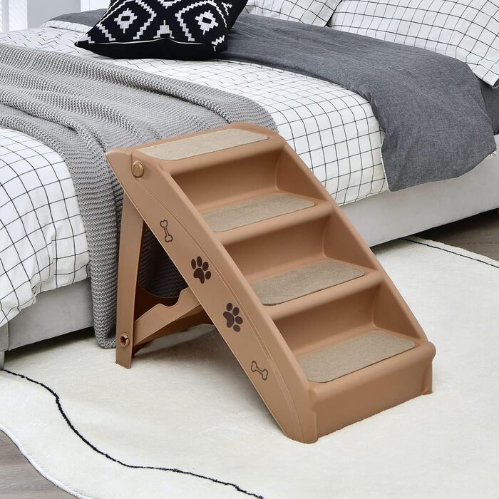 COSTWAY 4-Step Pet Staircase with Carpet, Dog Stairs Plastic Cat Stairs Folding, Portable Dog Ramp Pet Stairs for Dogs and Cats, Pet Ramp for Climbing and Scratching (Brown)