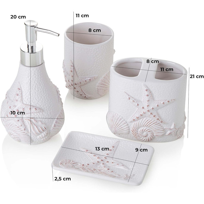 Набір для ванної кімнати з кераміки, білий, з візерунком мушлі (4 предмети): дозатор, тримач для зубної щітки, миска та мильниця