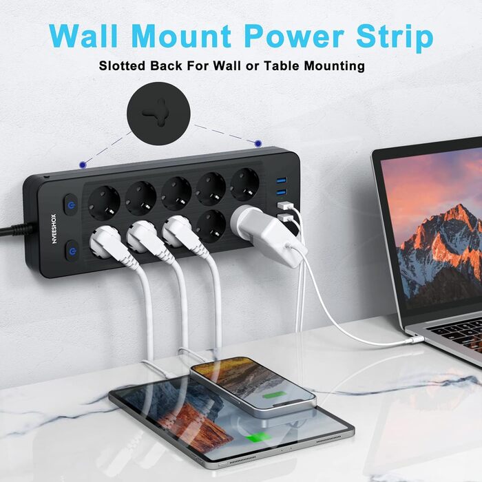 Мережевий фільтр NVEESHOX з 10 розеток, 3 USB-A та 1 USB-C (20W PD), з індивідуальними вимикачами, захист від перенапруги, 2м, для дому та офісу (Чорний)