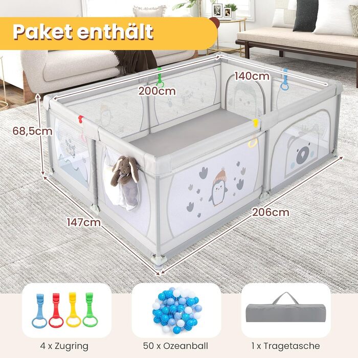DREAMADE 200 x 140 cm Baby Playpen, Playard with 50 Balls & Carry Bag, Crawling Gate for Indoor & Outdoor Use (Grey-Penguin, without mattress) Grey-Penguin without mattress