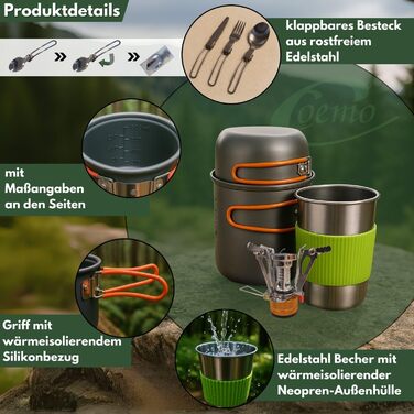 Набір посуду Coeo 7 предметів для приготування їжі на відкритому повітрі (каструля, сковорода, столові прибори, чашка) - зелений