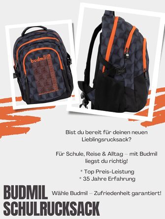 Ергономічний шкільний рюкзак Budmil для хлопчиків та дівчаток 32L - для підлітків та дітей від 5 класу - водонепроникний, з 3 відділеннями та вентильованою спинкою (Edwin Orange)