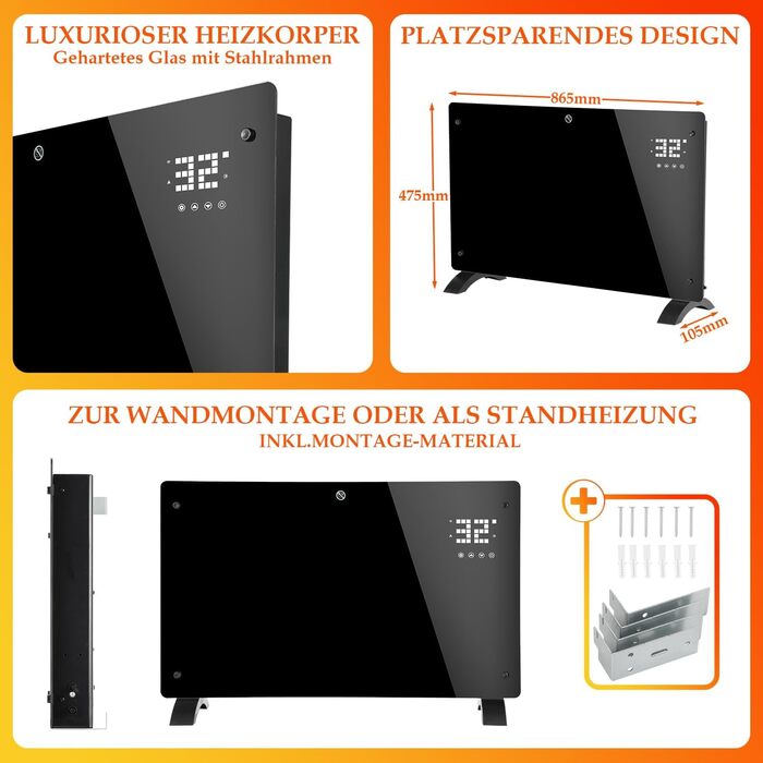 Електричний конвекторний обігрівач Izrielar 2000W з термостатом, інфрачервоний, з пульт дистанційного керування, Wi-Fi, настільний/настінний, енергозберігаючий, тихий