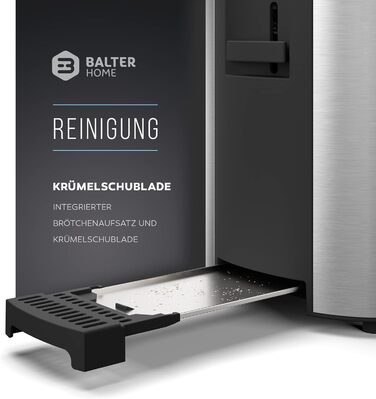 Тостер Balter TS-04-LCD на 4 тости, довга щілина, нержавіюча сталь, підставка для булочок, LCD-дисплей з таймером, функція розморожування, центрування хліба, піддон для крихт, колір сріблястий