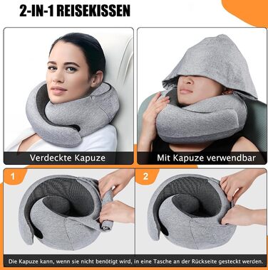 Подушка для шиї з великою капюшоном, Memory Foam, для подорожей, літаків та офісу