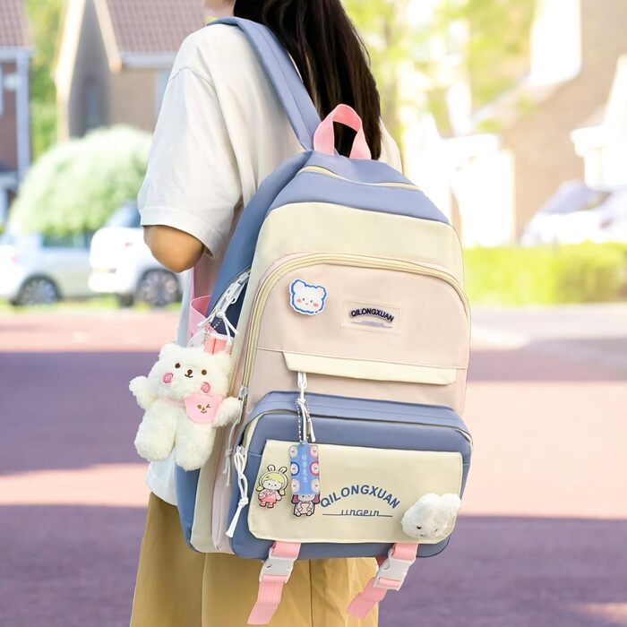 Набір шкільних рюкзаків IvyH 5-ти частинний: рюкзак для дівчинки, сумка для школи, рюкзак для підлітків, 3-7 клас, з пеналом та сумкою для покупок, 45 см, рожевий (8583# Синій)