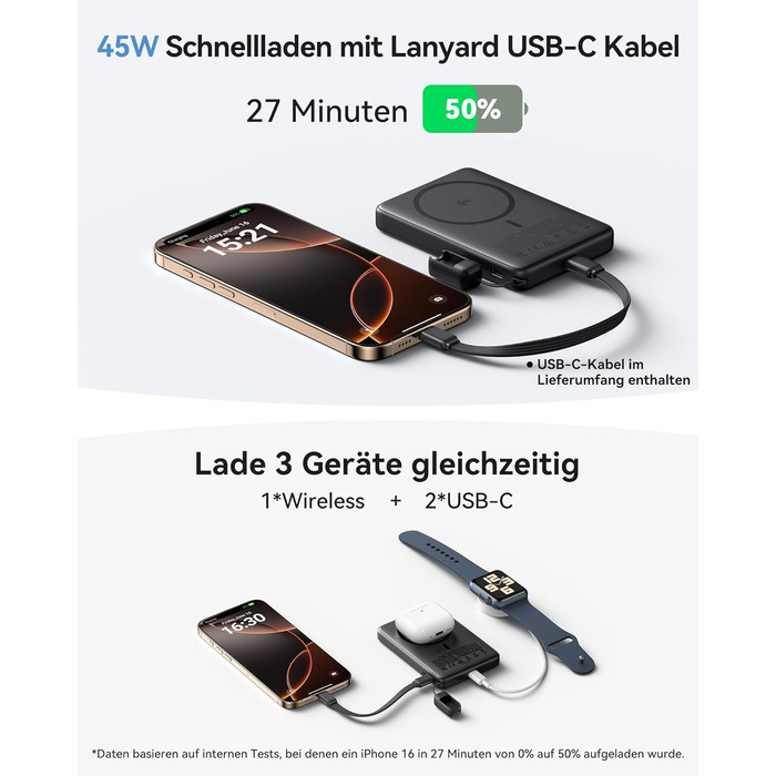 Power Bank Magsafe INIU, Qi2, 45W, 10000mAh, з кабелем USB-C та підставкою, для iPhone 17/16/15/14/13 (Blu)