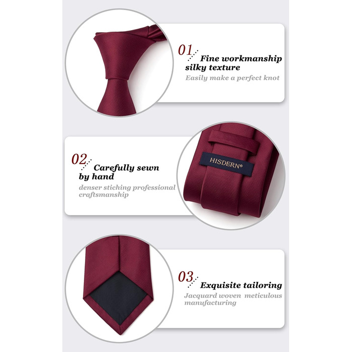 Чоловіча краватка та нагрудний хустинка HISDERN для весілля, бордово-білий, з запонками