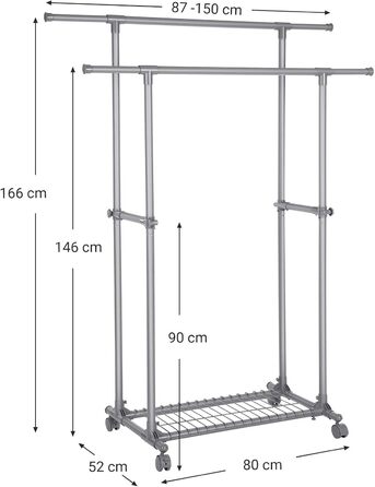 SONGMICS Clothes Rack with Double Rod, Clothes Stand, Mobile, Extendable between 87 and 150 cm, with Wheels and Storage Shelf, Load Capacity 70 kg, for Coats, Scarves, Grey, LLR13GY