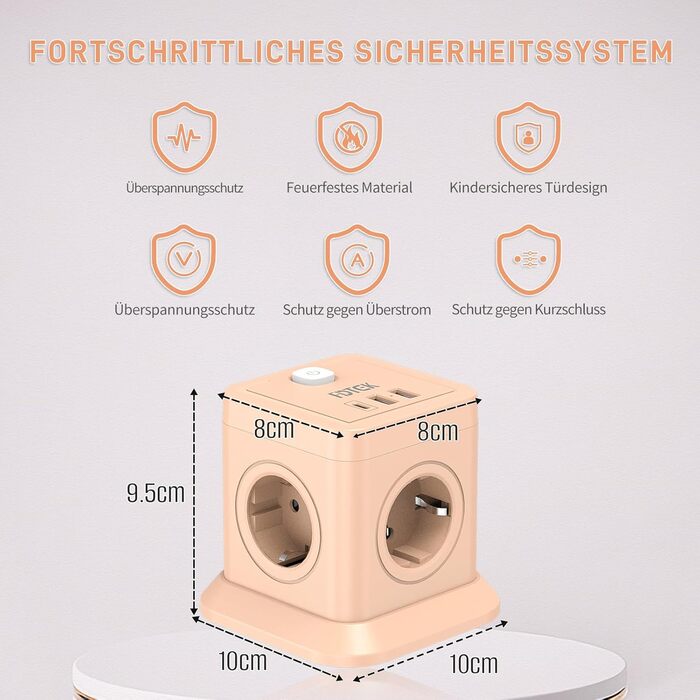 FDTEK Розетка-спінер з USB-C та USB-A, 7 розеток, 2500W/10A, з вимикачем, 1.8м кабель, рожевий