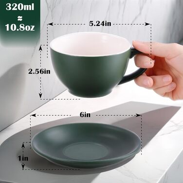 Набір кавових чашок Капучіно Yundu 4шт по 300мл - керамічні чашки з блюдцями, матові темно-зелені відтінки для лате-арту та бариста, великий набір мока чашок та блюдець